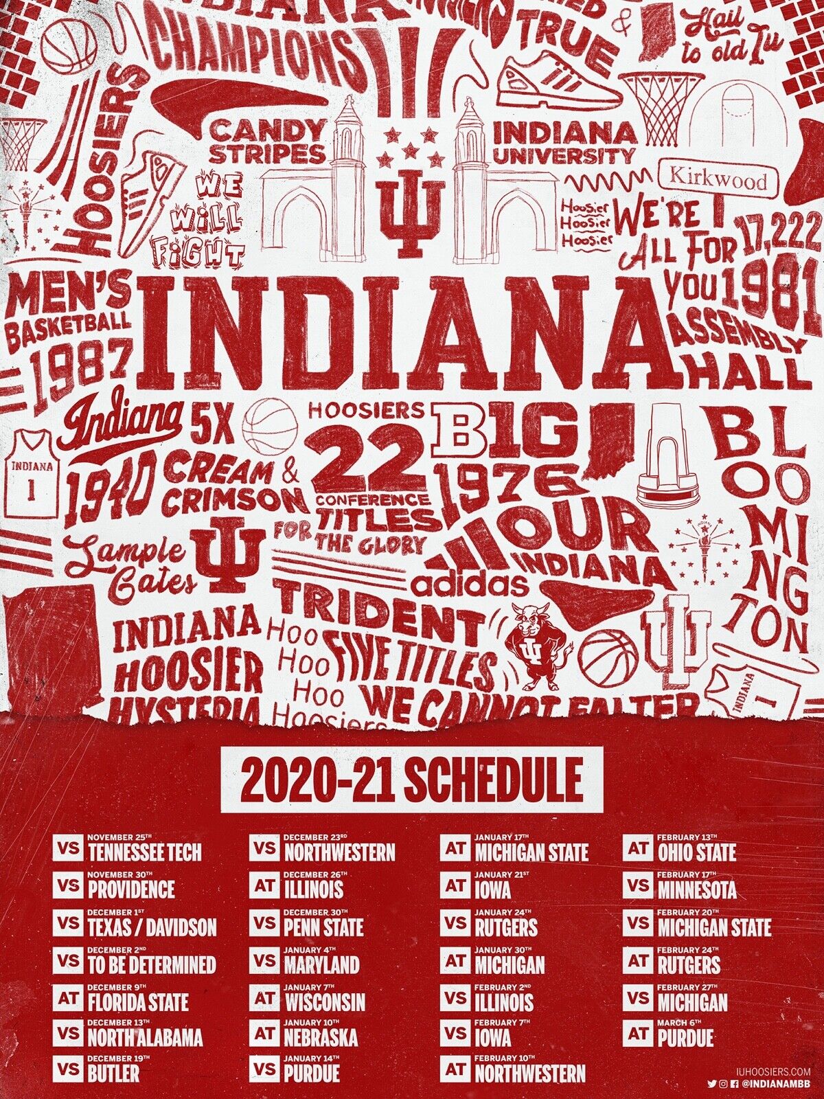 A poster schedule for the 2020-21 Indiana University Men's Basketball team, featuring game dates. Alternate artwork.