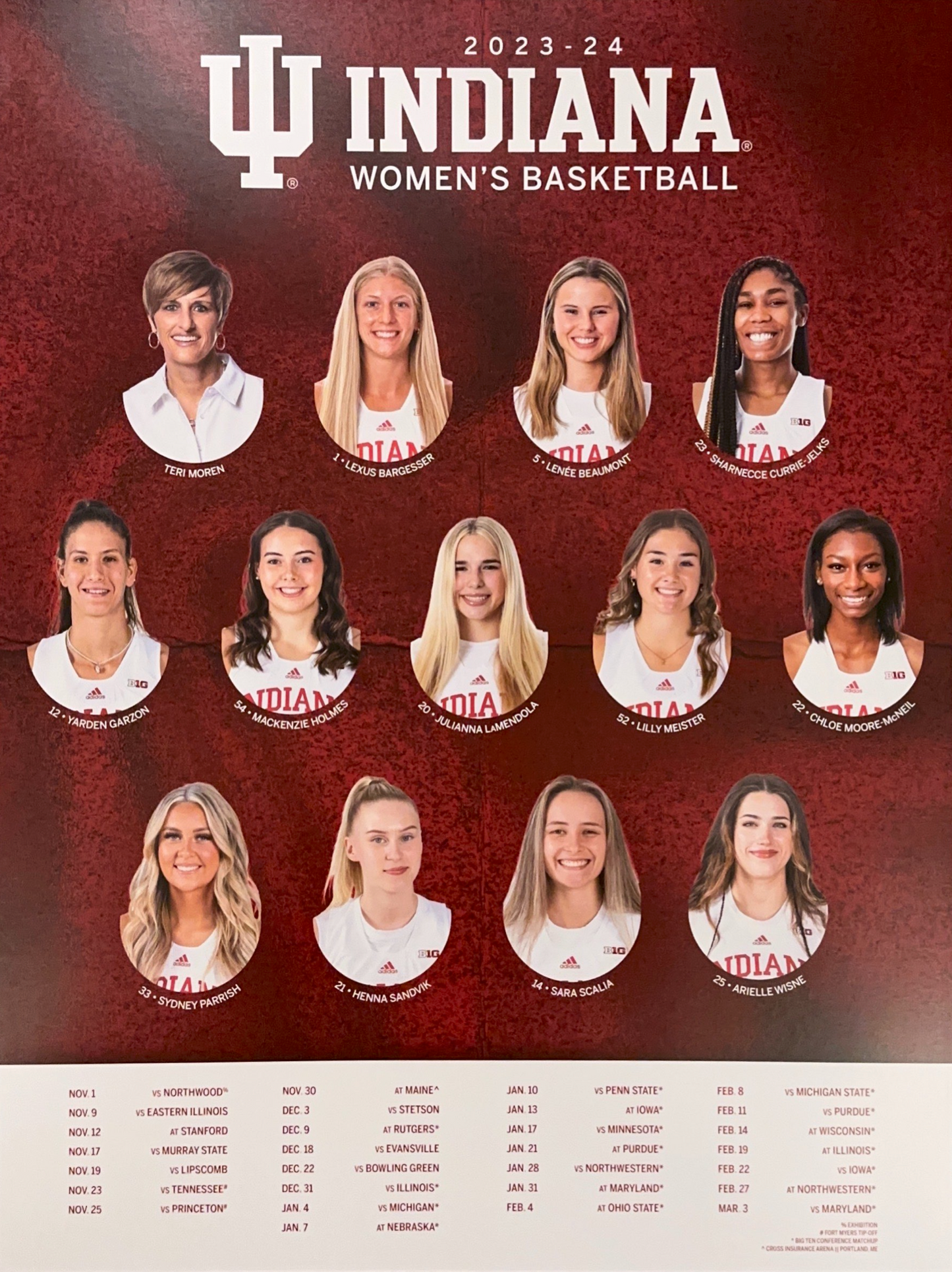 Indiana University Hoosiers 2023-24 Women's Basketball Poster Schedule