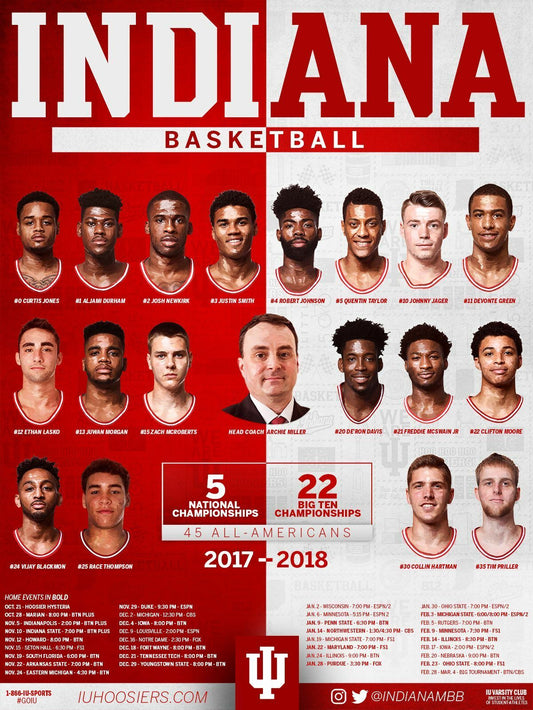 A poster schedule for the 2017-18 Indiana University Men's Basketball team, featuring player names and game dates.