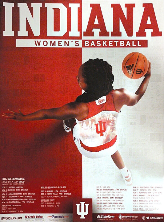 A poster schedule for the 2017-18 Indiana University Women's Basketball team, featuring player names and game dates.