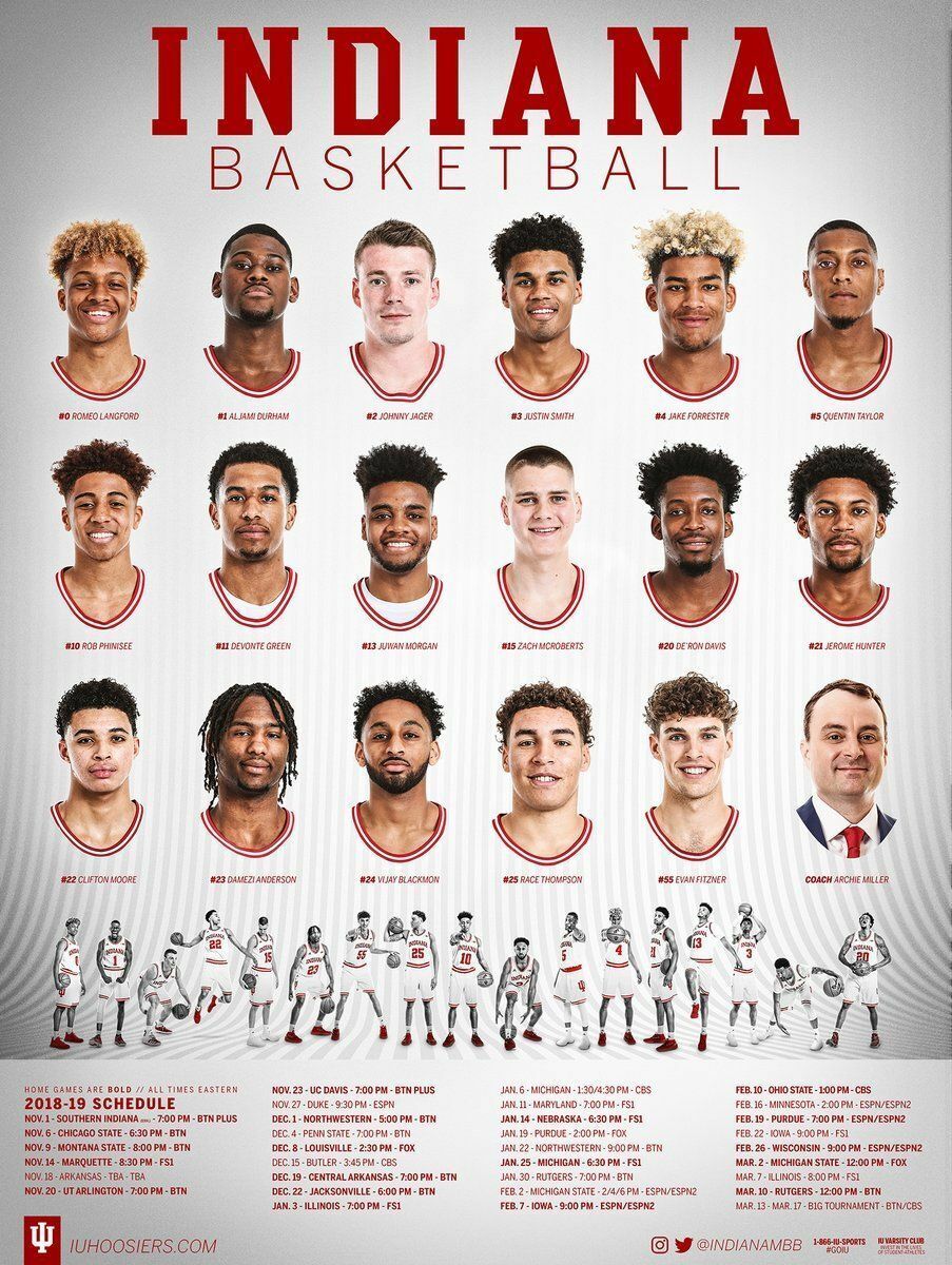 A poster schedule for the 2018-19 Indiana University Men's Basketball team, featuring player names and game dates.