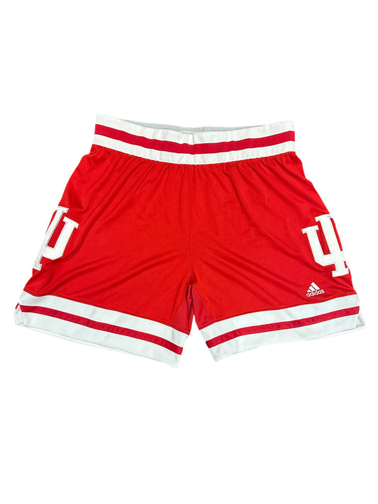 Red and white Adidas shorts with the Indiana University Hoosiers logo on the side.