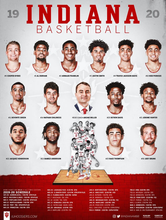 A poster schedule for the 2019-20 Indiana University Men's Basketball team, featuring player names and game dates.