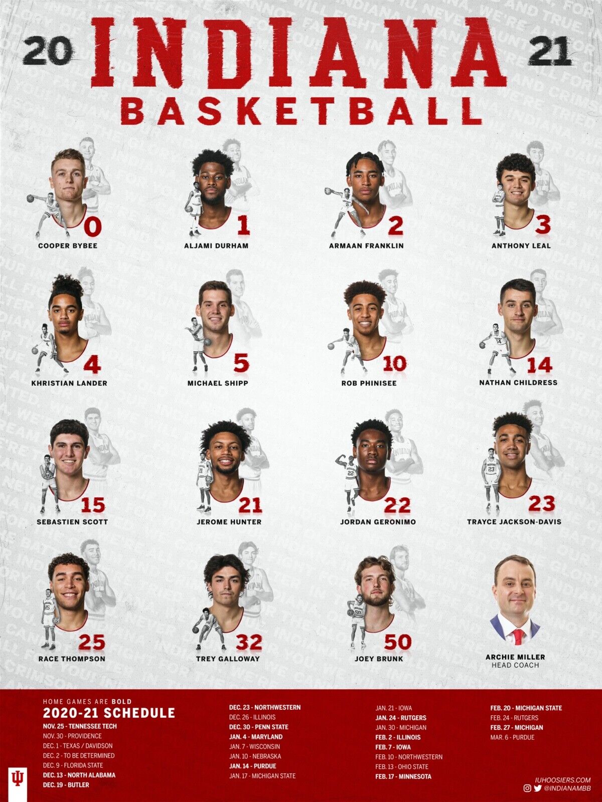 A poster schedule for the 2020-21 Indiana University Men's Basketball team, featuring player names and game dates.