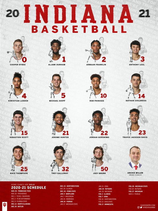 A poster schedule for the 2020-21 Indiana University Men's Basketball team, featuring player names and game dates.