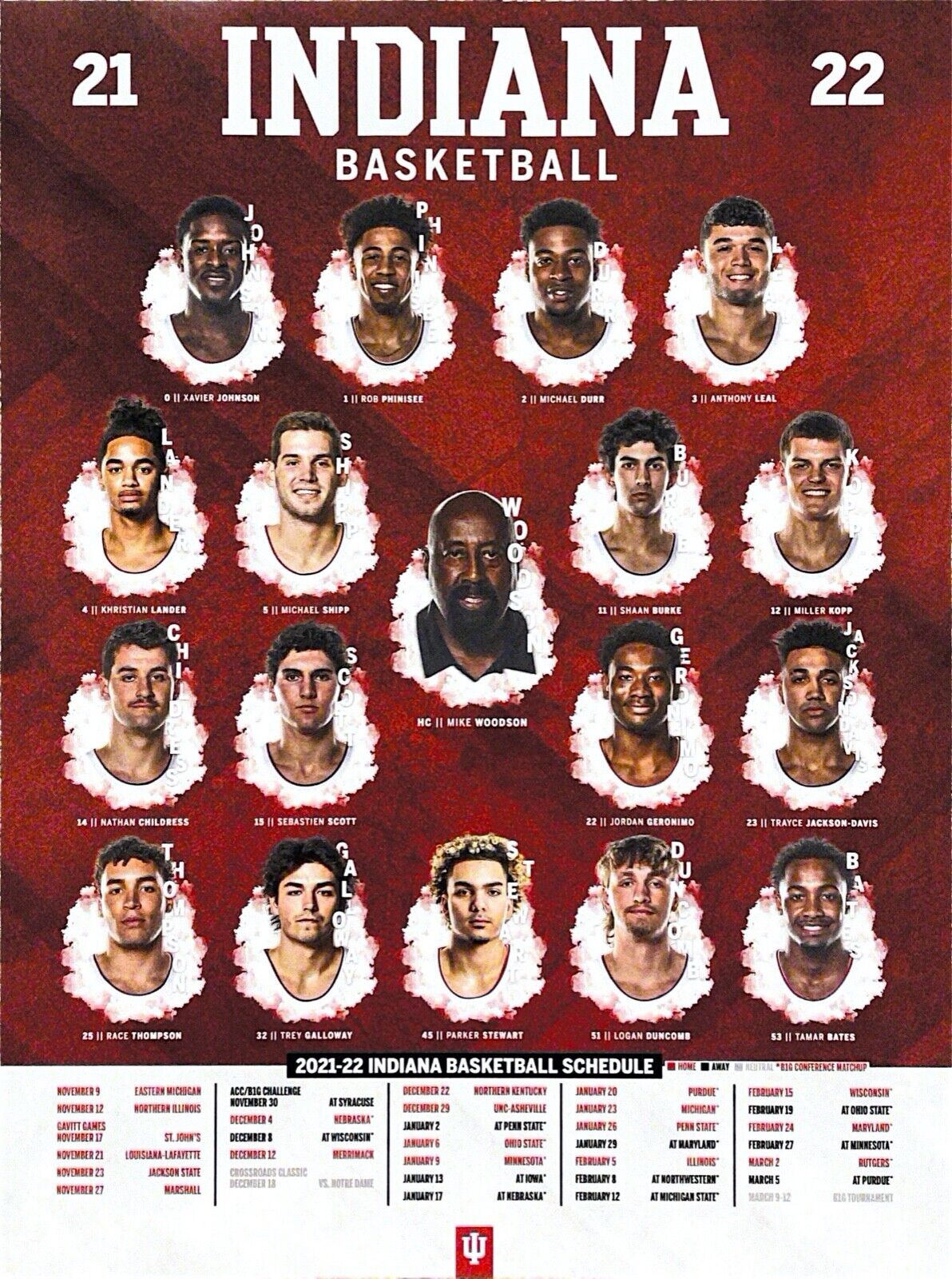 A poster schedule for the 2021-22 Indiana University Men's Basketball team, featuring player names and game dates.