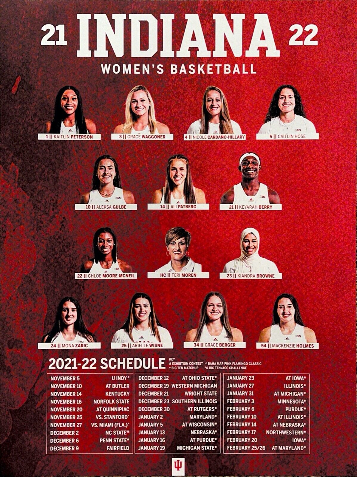 A poster schedule for the 2021-22 Indiana University Women's Basketball team, featuring player names and game dates.