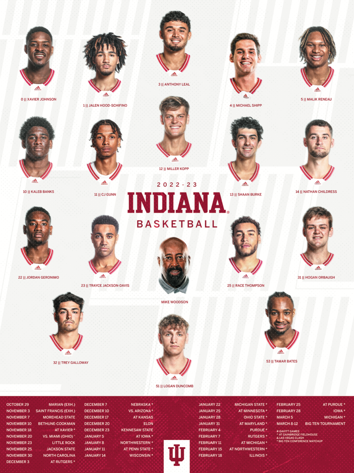 A poster schedule for the 2022-24 Indiana University Men's Basketball team, featuring player names and game dates.