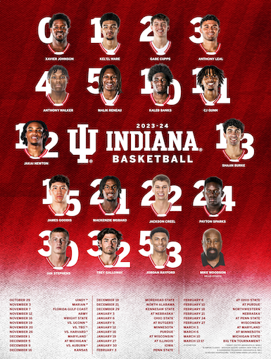 Indiana Basketball 2023-24 team poster featuring headshots of all 13 players with their numbers on a red textured background, with the IU logo and team name in the center.