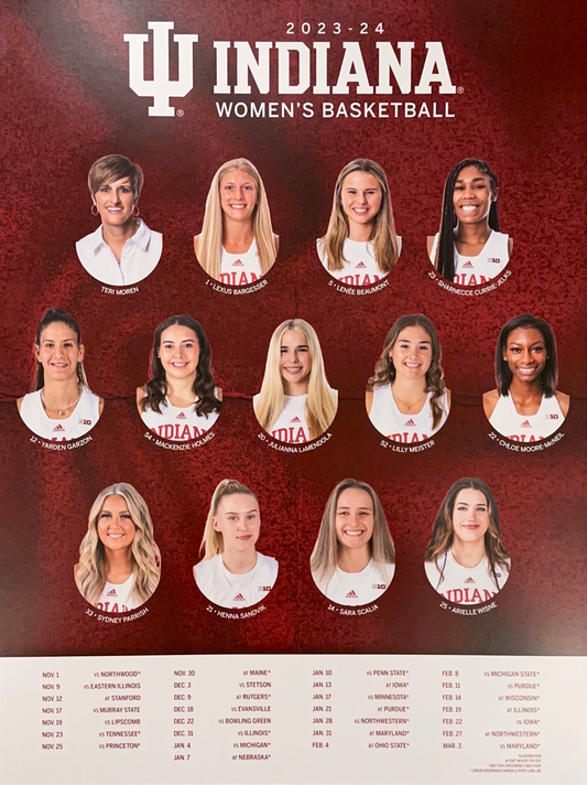 A poster schedule for the 2023-24 Indiana University Women's Basketball team, featuring player names and game dates.