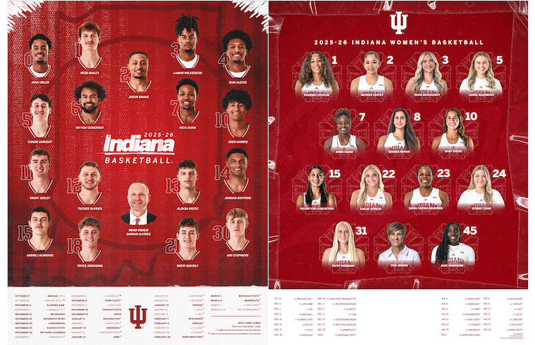 Indiana basketball team posters with player names and numbers on a red background