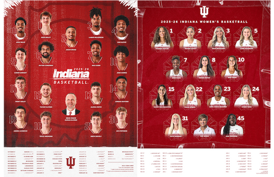 Indiana basketball team posters with player names and numbers on a red background