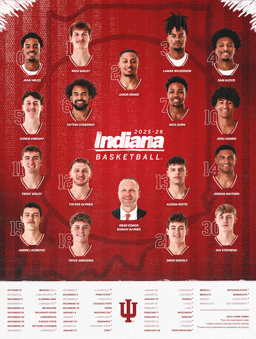 Indiana basketball team 2025-26 roster poster featuring headshots of all 15 players and head coach Kevin Dunn on a textured red background with team logos and schedules at the bottom.
