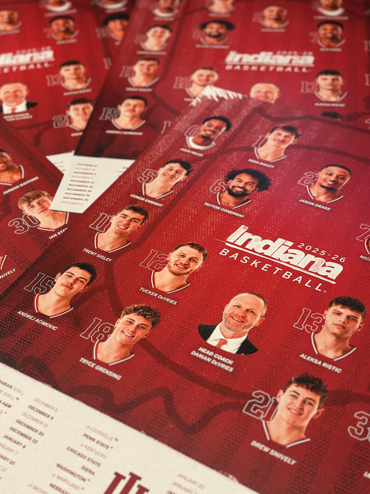 Collection of Indiana basketball yearbooks with player photos on a red background
