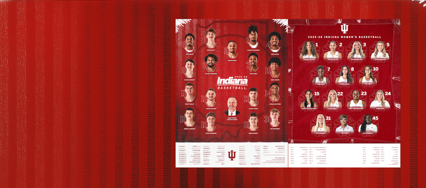 Calendar with Indiana University basketball team photos on a red background