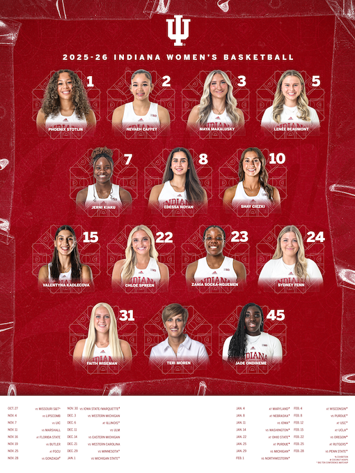 Indiana women's basketball team 2025-26 roster poster featuring 14 player photos, player numbers, names, and game schedule details on a red background with IU logo.