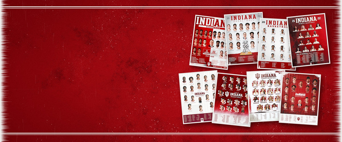 A collection of Indiana Basketball schedule posters from past seasons fanned out against a crimson background.