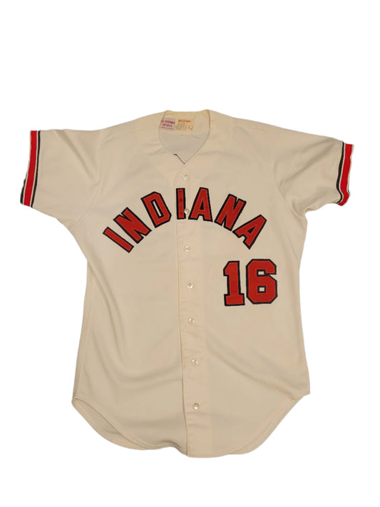 Indiana University Hoosiers baseball jersey in beige with red and white text, number 16, and a small red logo on the left chest.