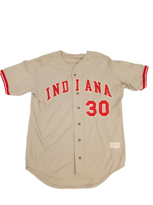 A beige and red Indiana University baseball jersey with the number 30 and the word 'INDIANA' printed on it.